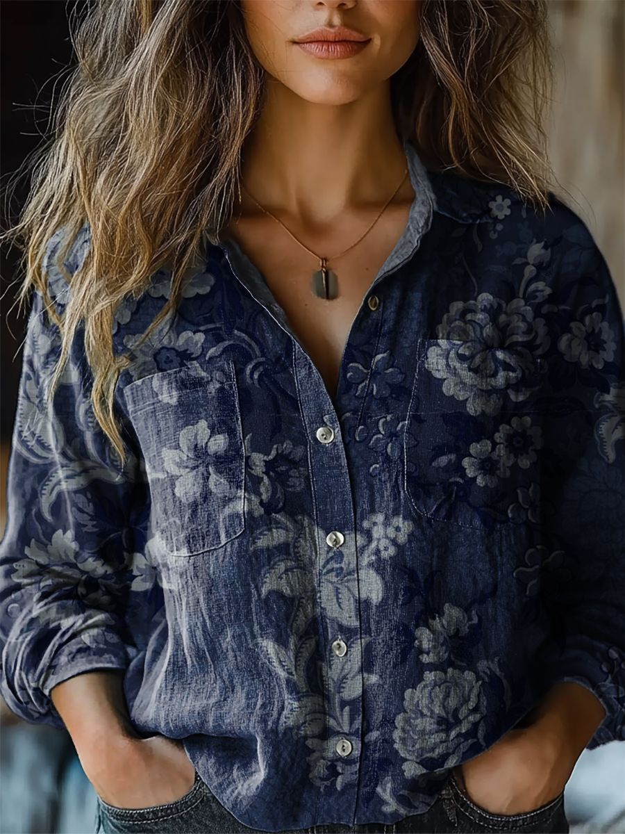 Women's shirt top V-neck printed shirt 082