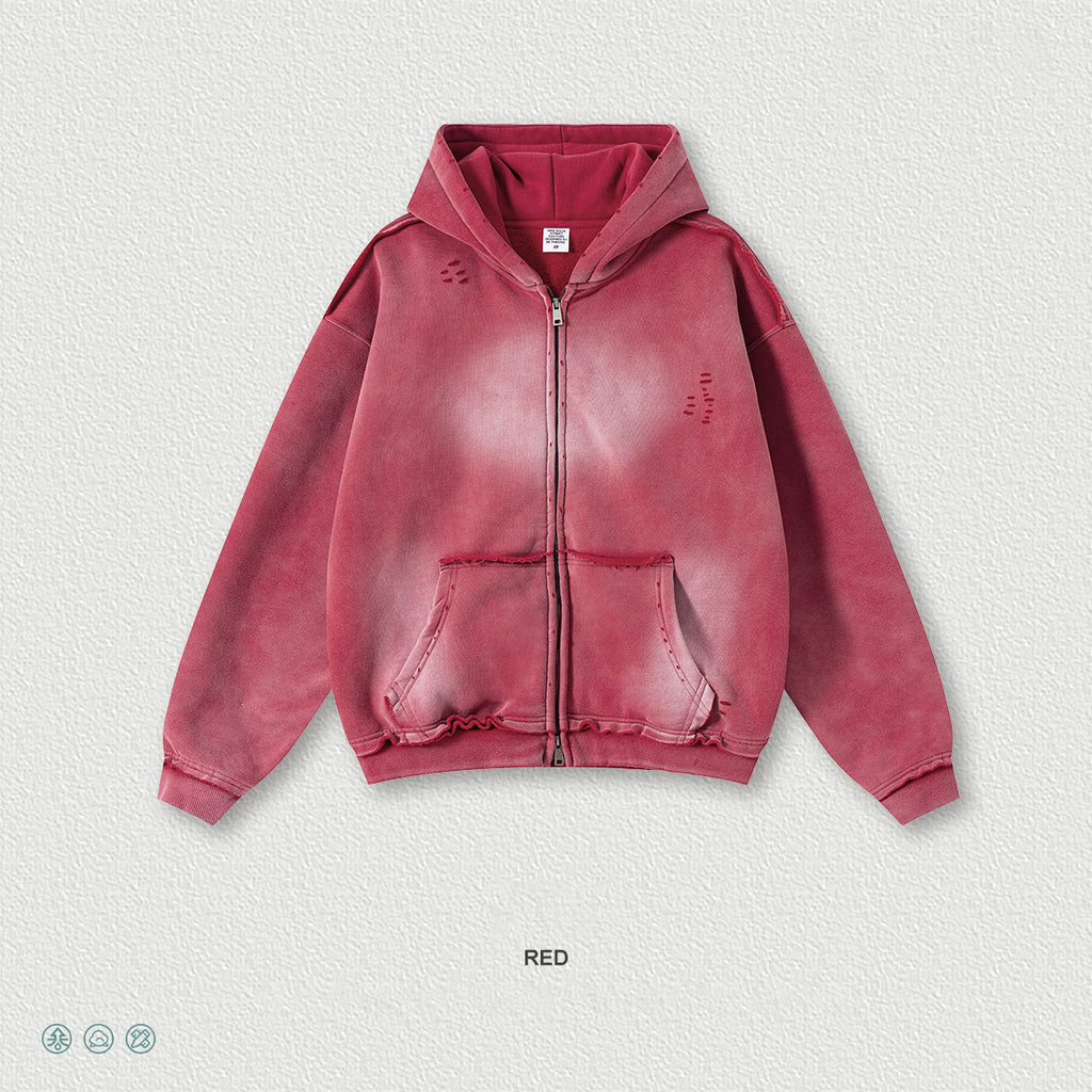 Streetwear hooded sweatshirt with monkey print, frayed hem, zip-up cardigan for men W25310