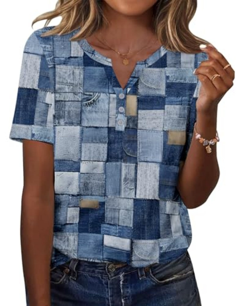 New fashionable, trendy, casual, versatile, high-quality short-sleeved button V-neck T-shirt 481