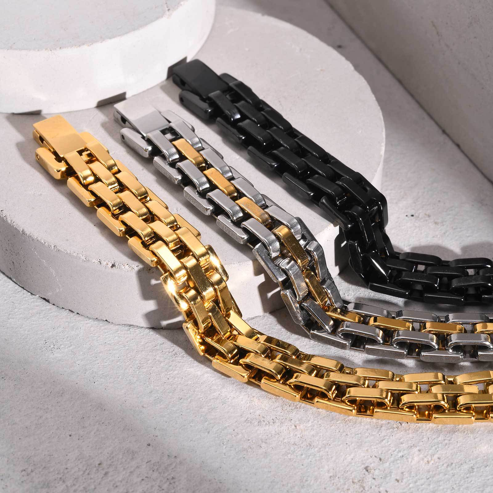 Minimalist men's wide face stainless steel strap gold bracelet 250