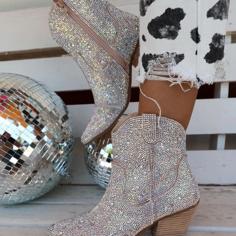 Pointed high heels, thick heels, sequins, hot stamping, fashionable short boots 103