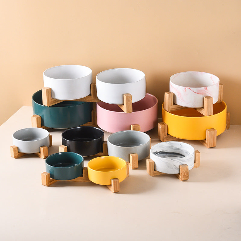 Cat bowl ceramic double bowl water bowl integrated wooden frame dog bowl dog basin 327