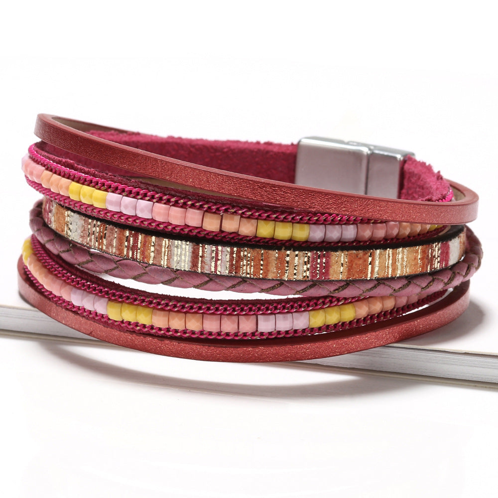 Bohemian hand woven leather bracelet, multi-layer PU bracelet 297
