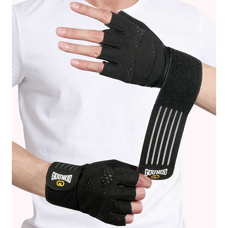 Fitness gloves with extended, breathable, and wear-resistant half finger grip 403
