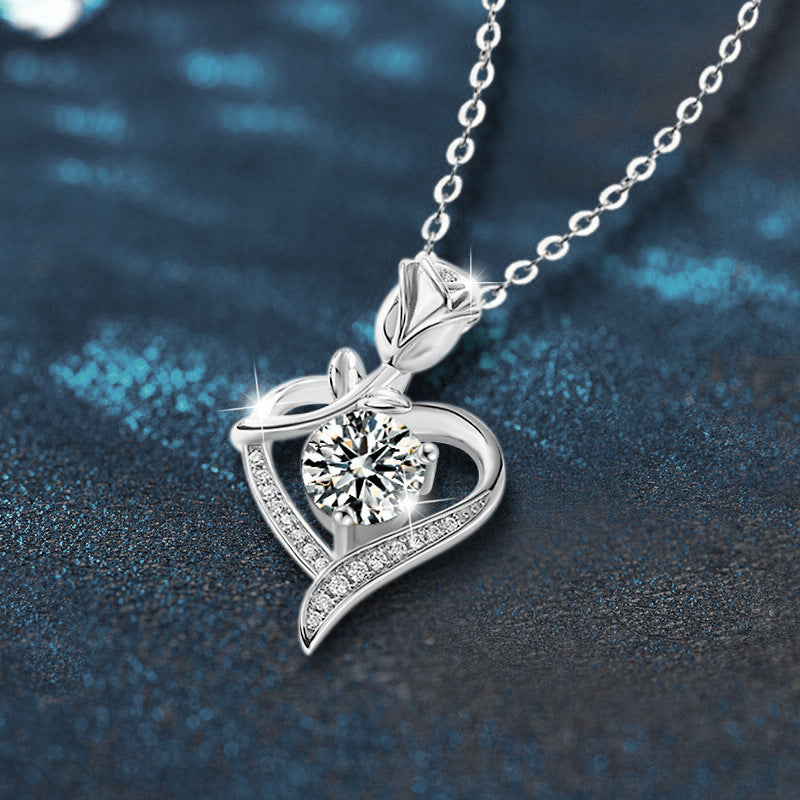 925 sterling silver heart-shaped rose pendant necklace, women's collarbone necklace, moissani diamond 270