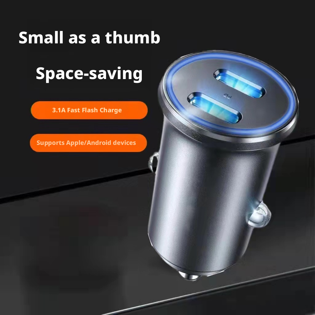 Aluminum alloy car charger, dual PD30W fast charging, suitable for Apple Android one to two car cigarette lighter 375
