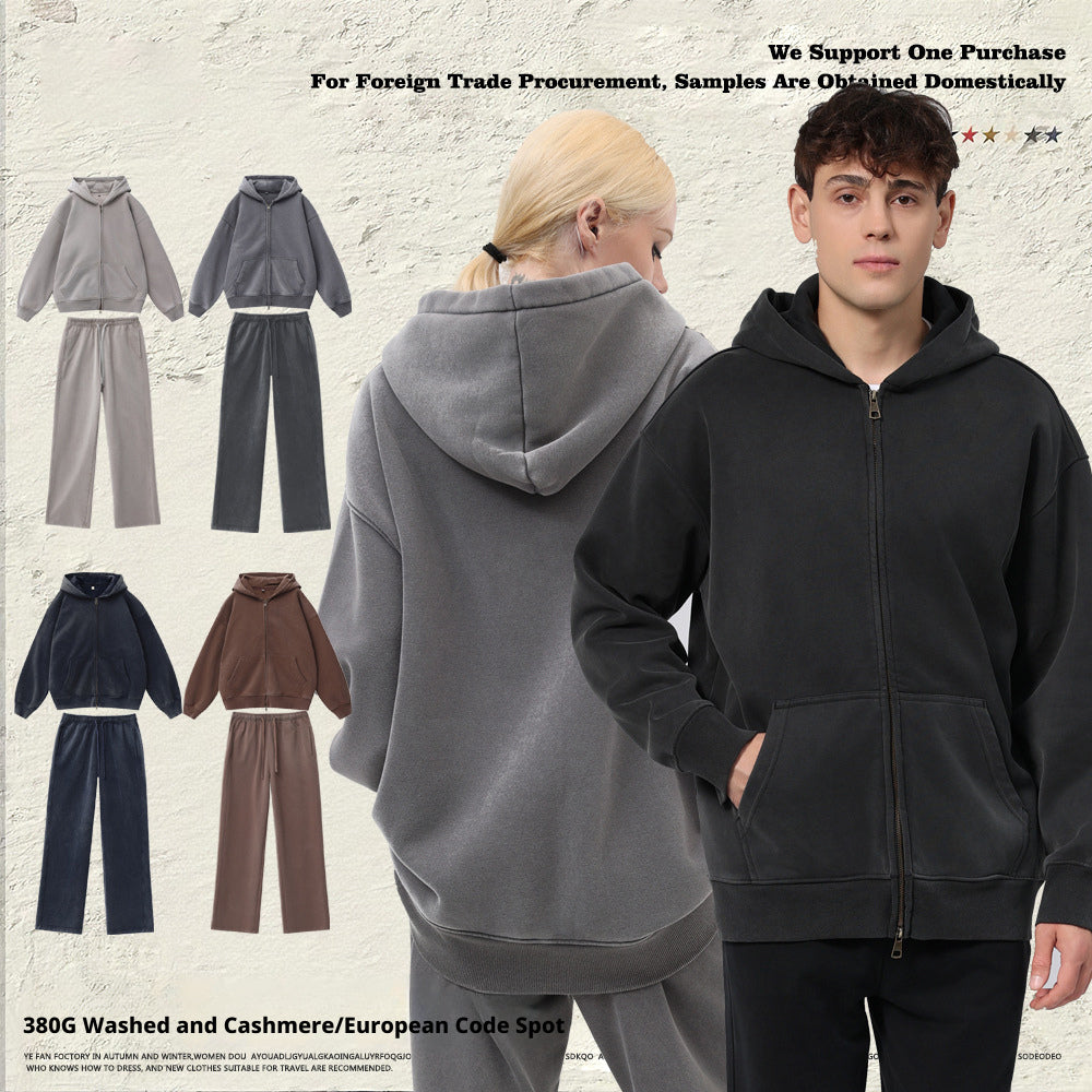 Fleece-lined Washed Vintage Hooded Sweater 053