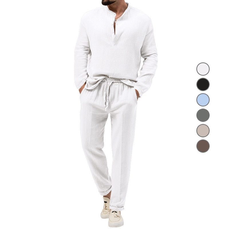 Men's solid color casual T-shirt long sleeved shirt long pants set 085