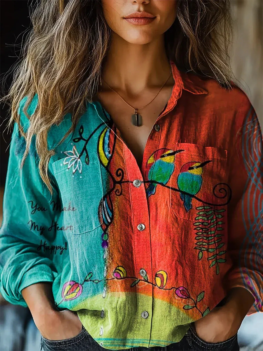 Women's shirt top V-neck printed shirt 082