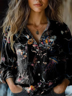 Women's shirt top V-neck printed shirt 082