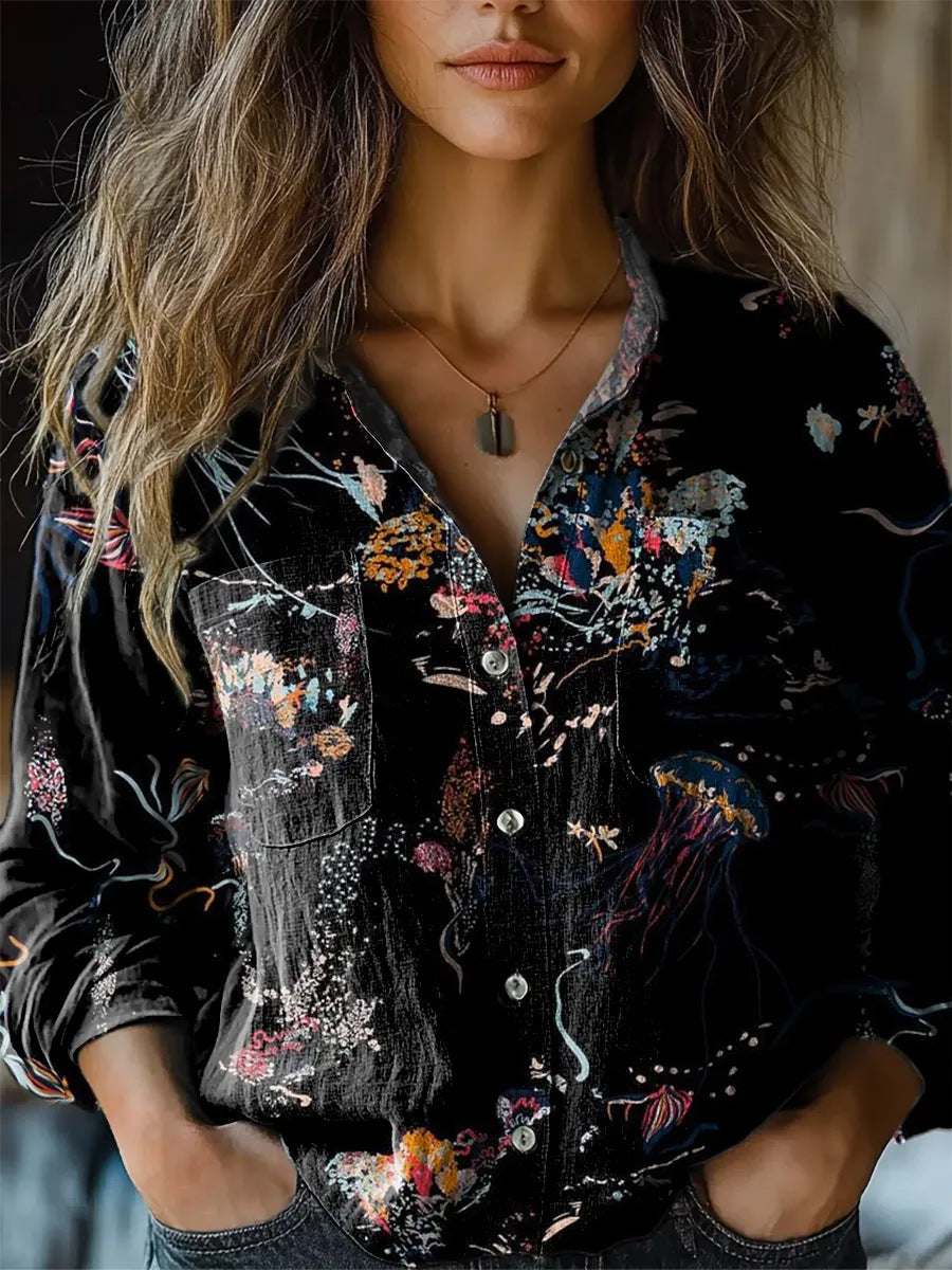 Women's shirt top V-neck printed shirt 082