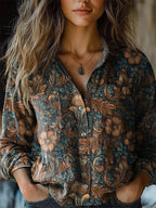 Women's shirt top V-neck printed shirt 082