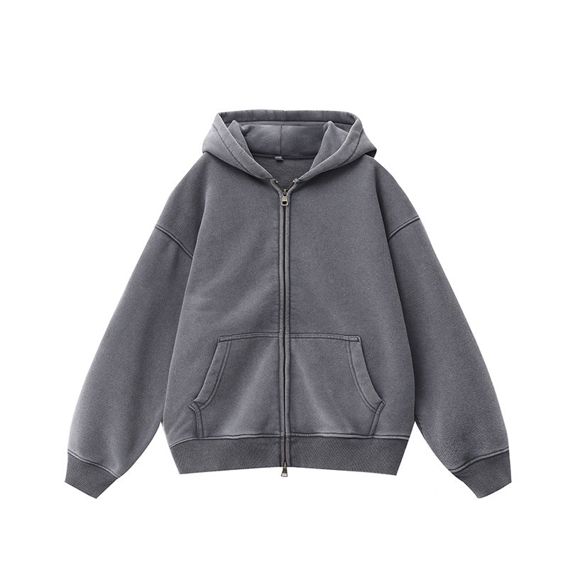 Fleece-lined Washed Vintage Hooded Sweater 053