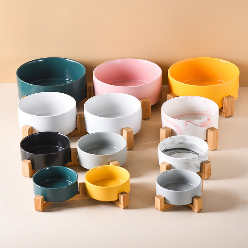 Cat bowl ceramic double bowl water bowl integrated wooden frame dog bowl dog basin 327