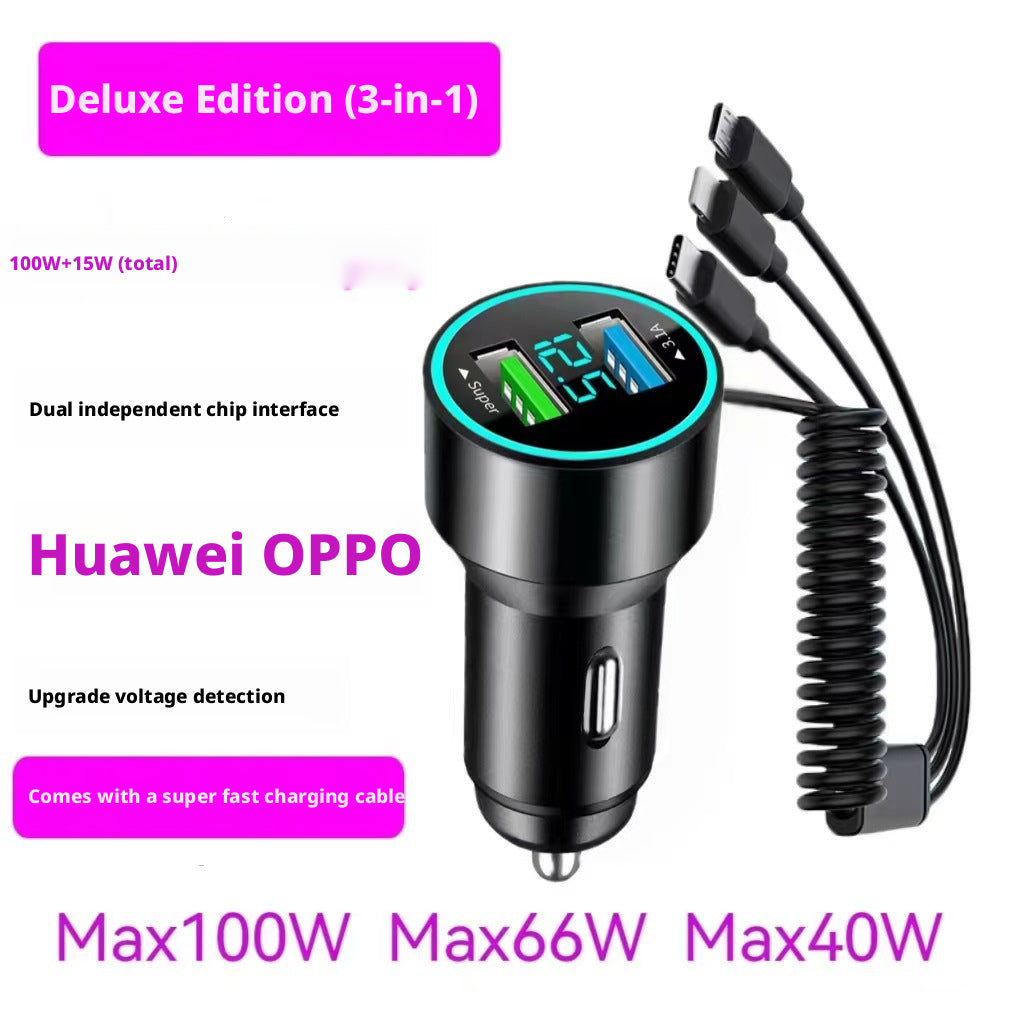 Car charger aluminum alloy digital display car charger with one to three fast charging cables 387