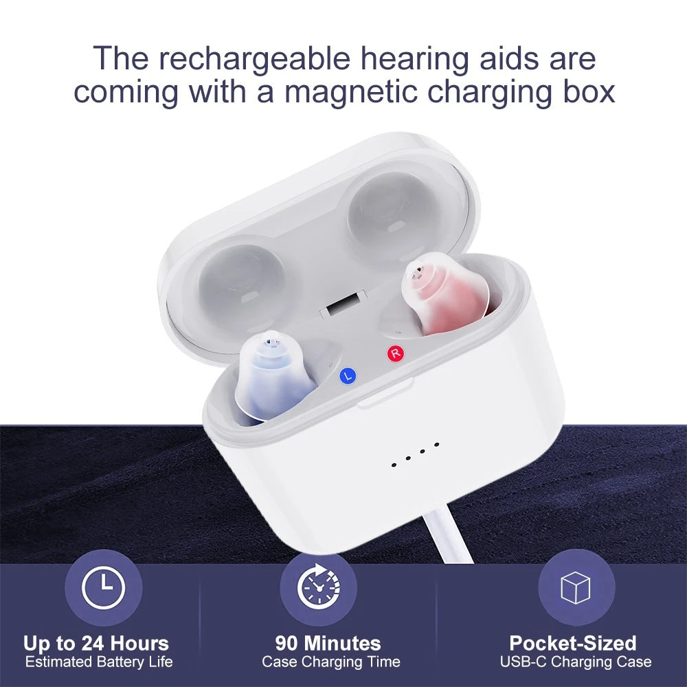 Magnetic charging compartment ear canal digital hearing aid noise reduction sound amplifier 254