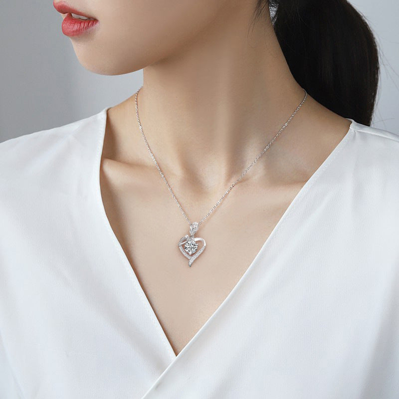 925 sterling silver heart-shaped rose pendant necklace, women's collarbone necklace, moissani diamond 270