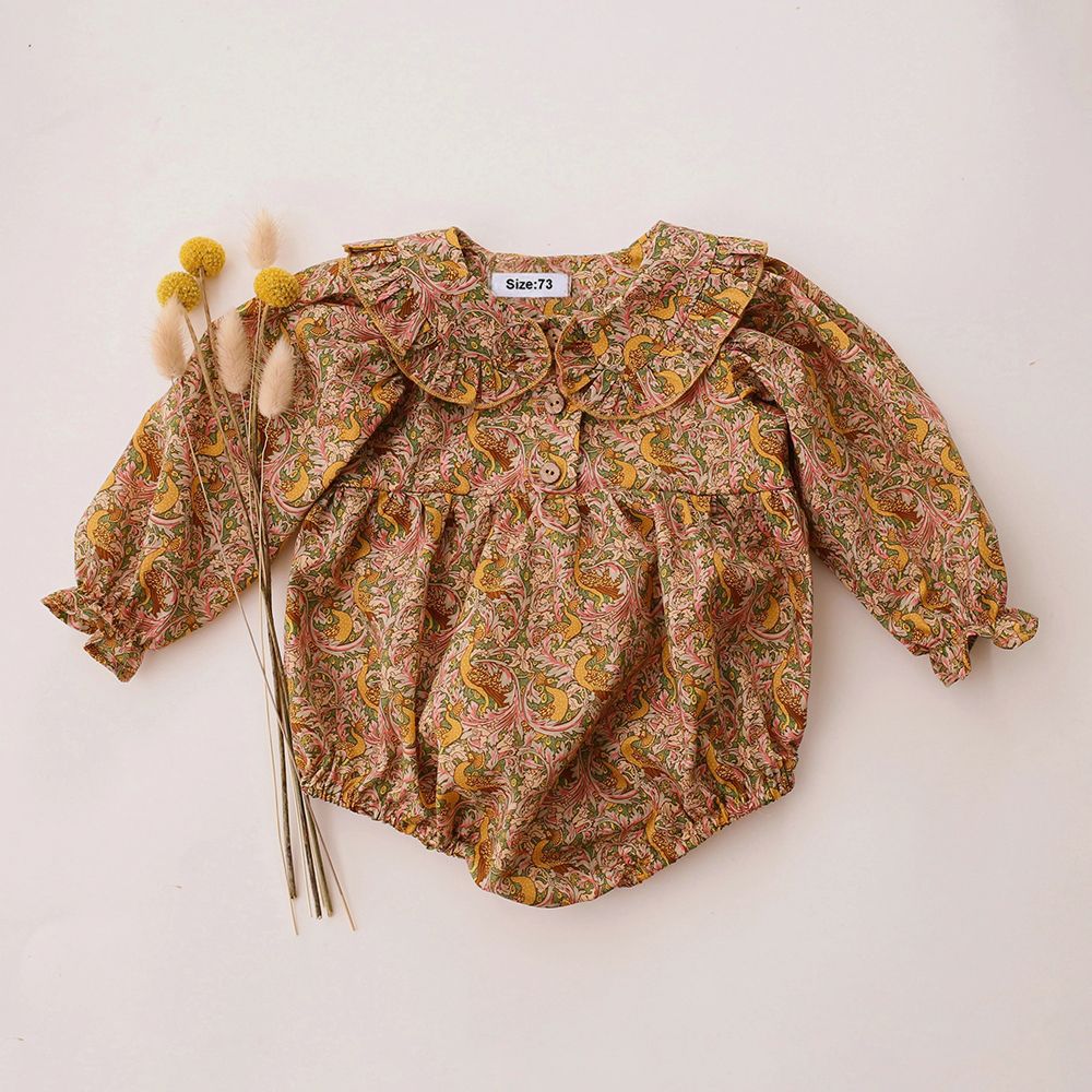 Imitation hemp floral baby girl crawling suit lace collar 095