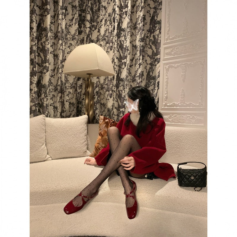 French square toe cross buckle with Mary Jane shoes women's shallow single shoes 123