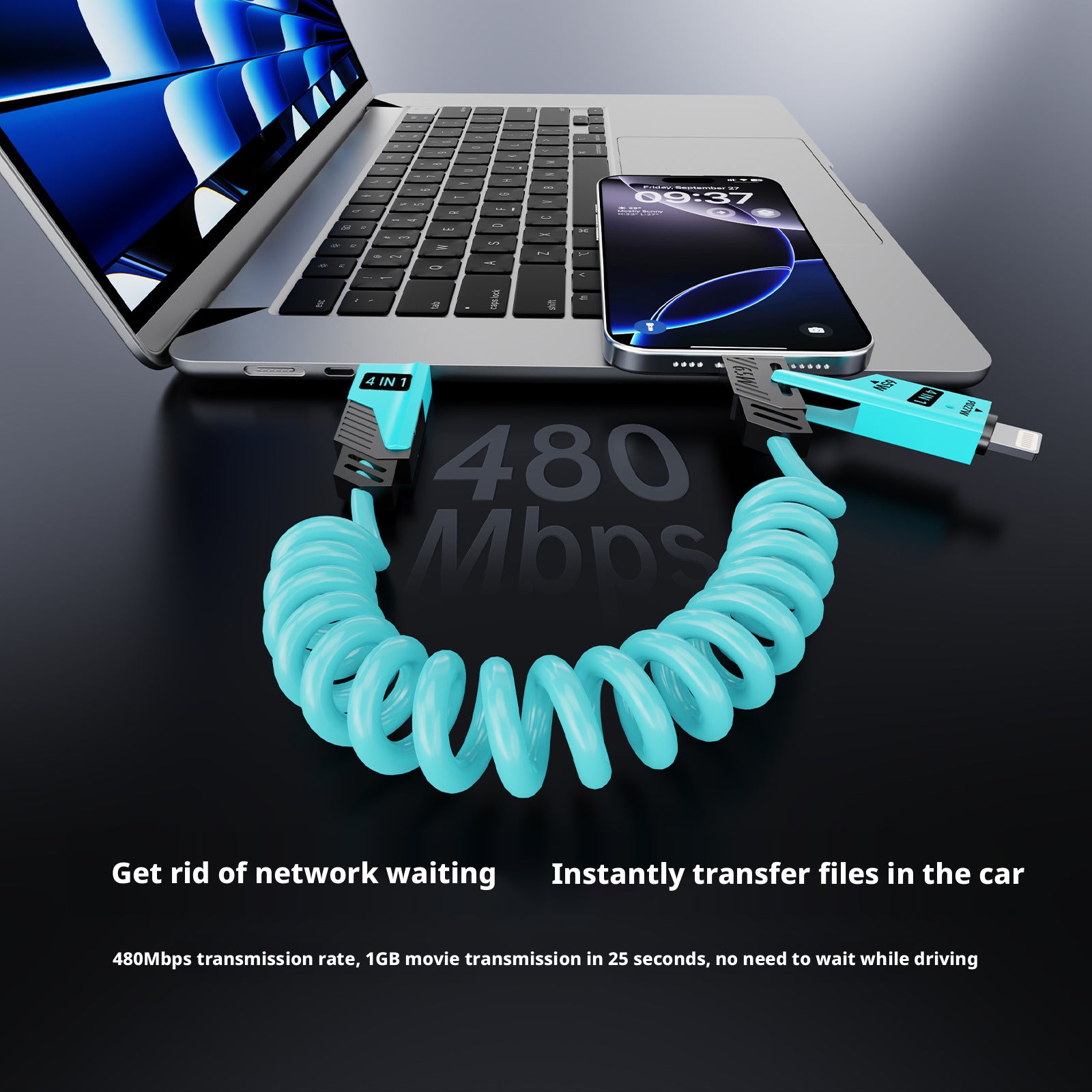 Spring data cable 1.5-meter four in one retractable cable suitable for Huawei iPhone fast charging Typec charging cable 392