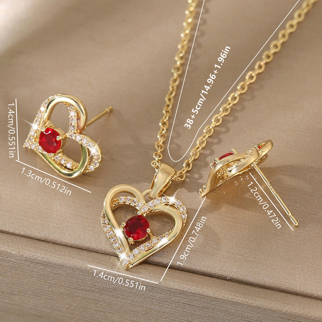 Copper inlaid zirconium heart-shaped earrings necklace women's pendant set 285