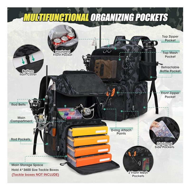 Camouflage fishing gear backpack fishing bag with fishing rod holder kettle fishing gear 158