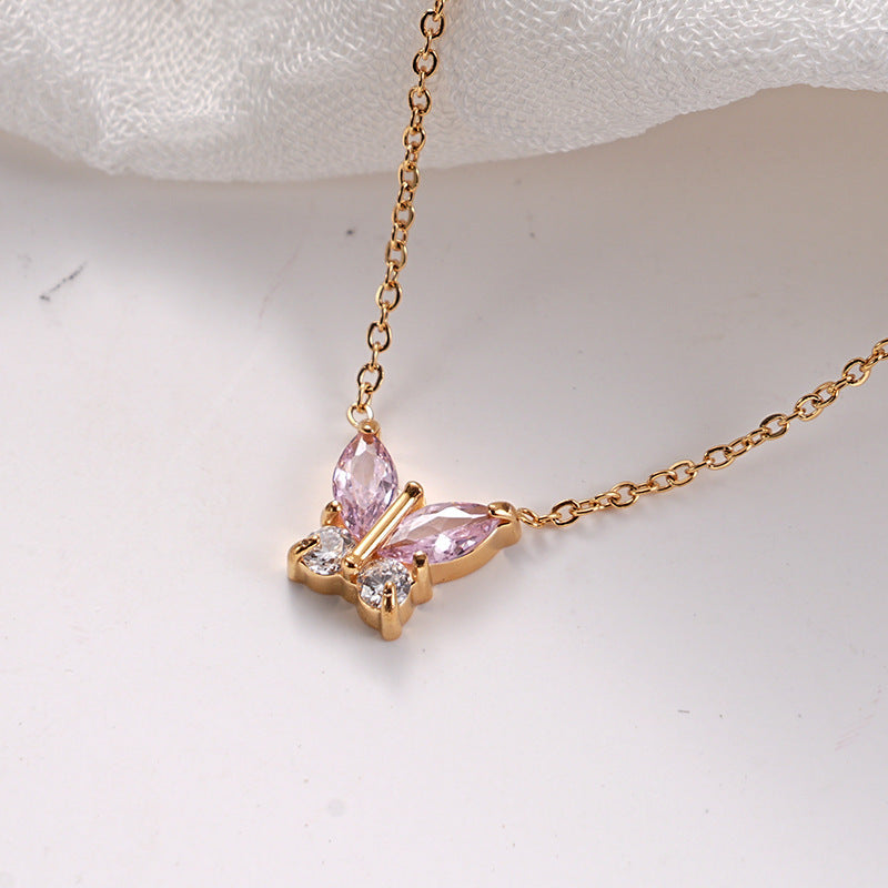 Butterfly shaped 18k gold vacuum electroplated colored zircon women's zircon necklace 262