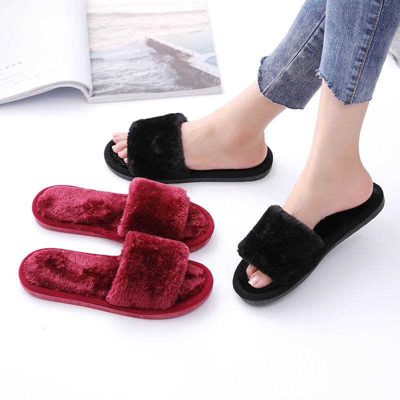 Open mouth hairy women's indoor wooden floor warm cotton slippers 050