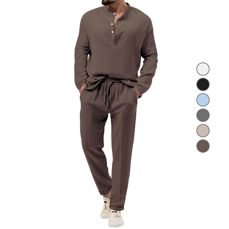 Men's solid color casual T-shirt long sleeved shirt long pants set 085