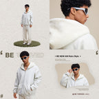 Autumn American trendy brand composite plush hooded cardigan sweatshirt loose zipper jacket for men w25555