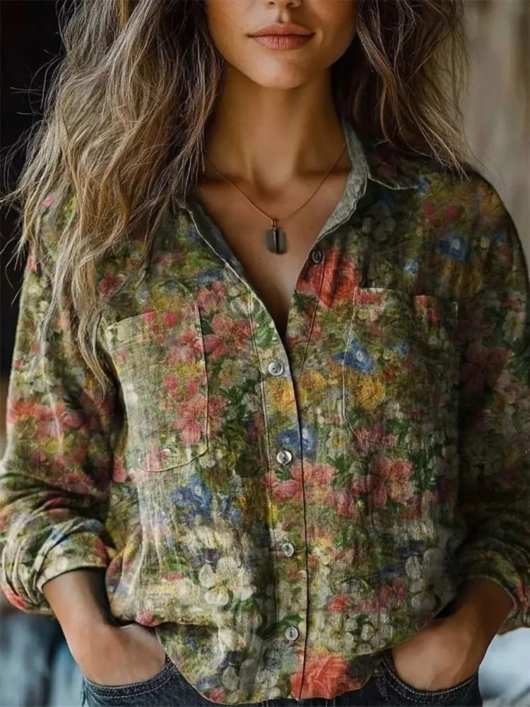 Women's shirt top V-neck printed shirt 082