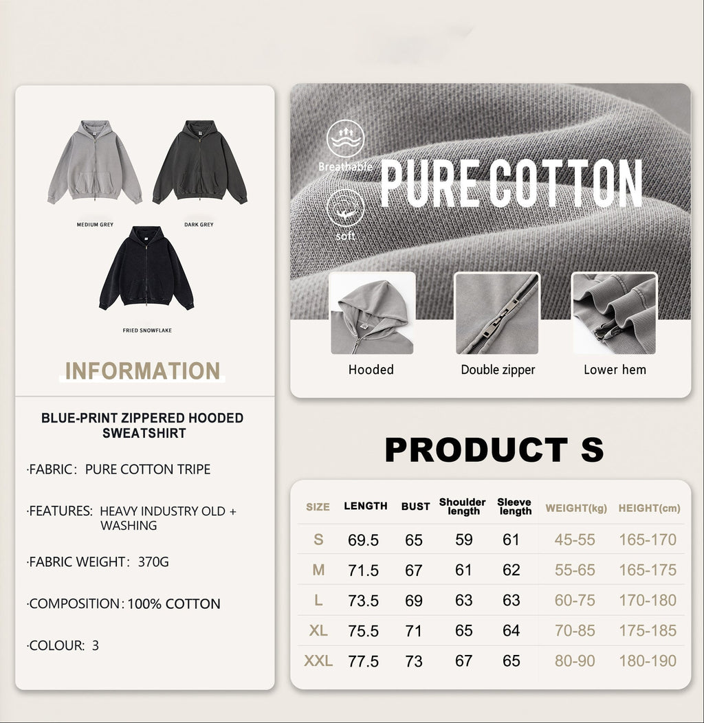 American retro heavyweight men's hooded sweatshirt washed distressed cardigan zipper jacket men W24171