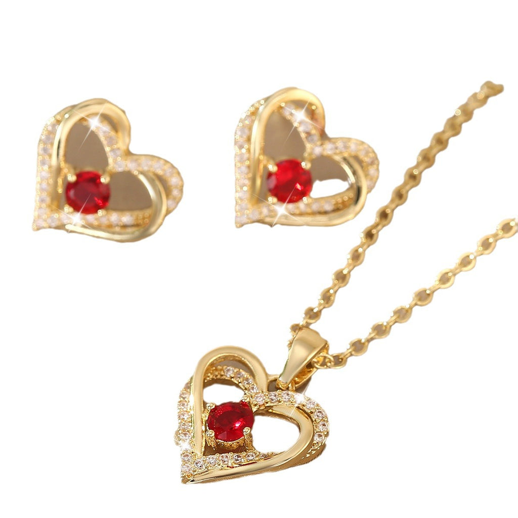 Copper inlaid zirconium heart-shaped earrings necklace women's pendant set 285