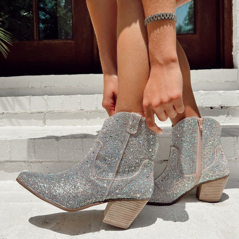 Pointed high heels, thick heels, sequins, hot stamping, fashionable short boots 103