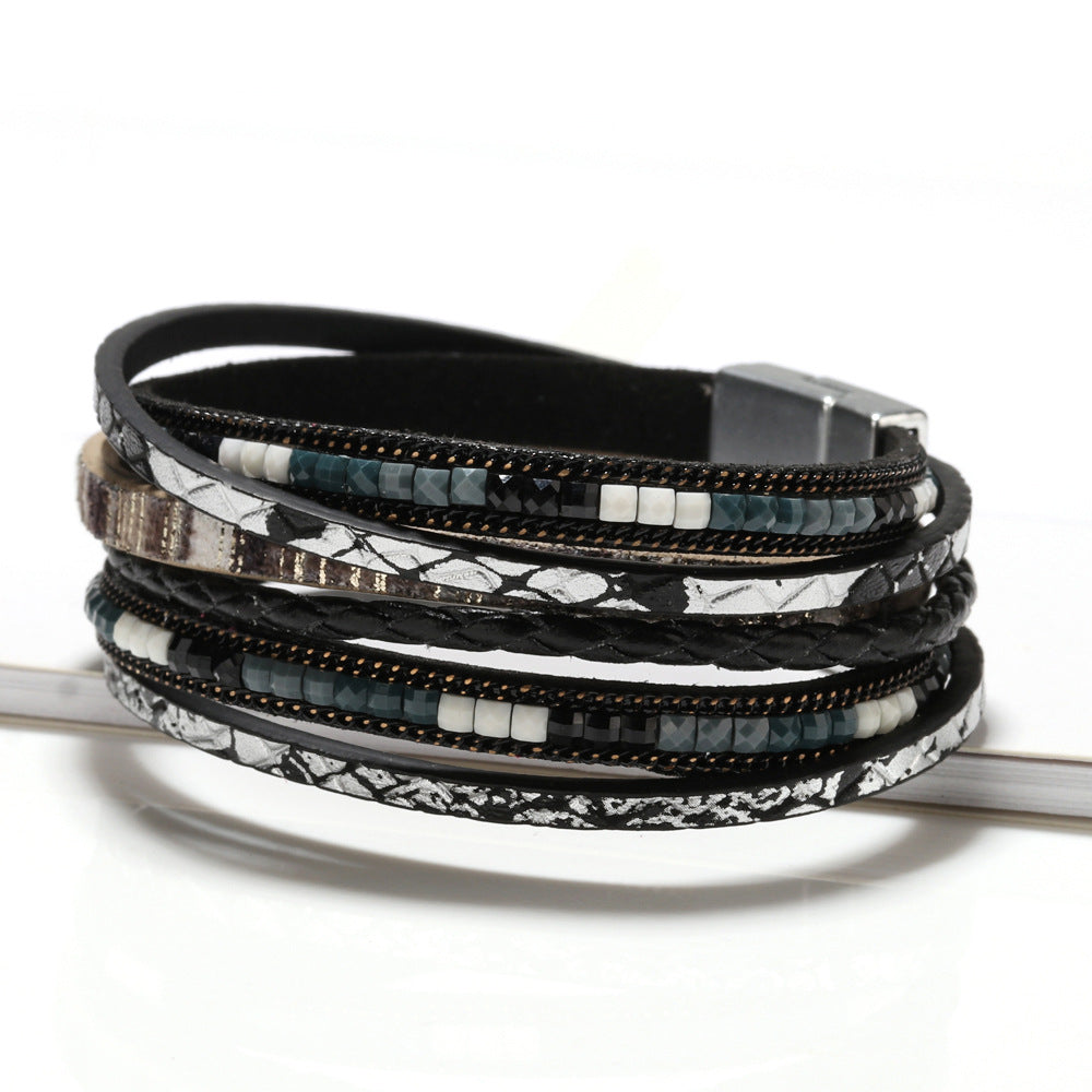 Bohemian hand woven leather bracelet, multi-layer PU bracelet 297