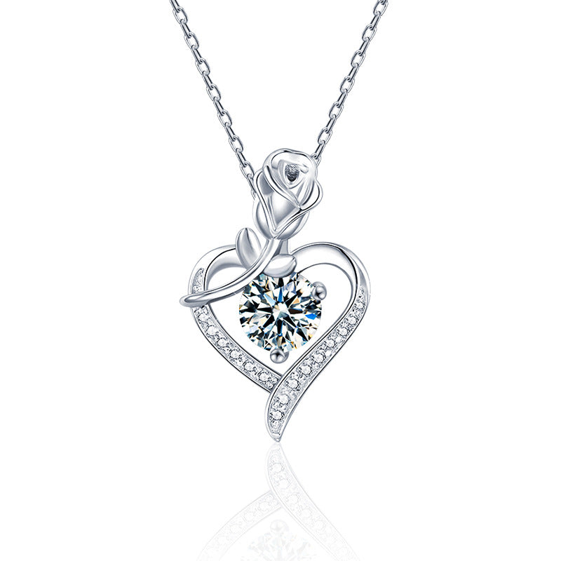 925 sterling silver heart-shaped rose pendant necklace, women's collarbone necklace, moissani diamond 270