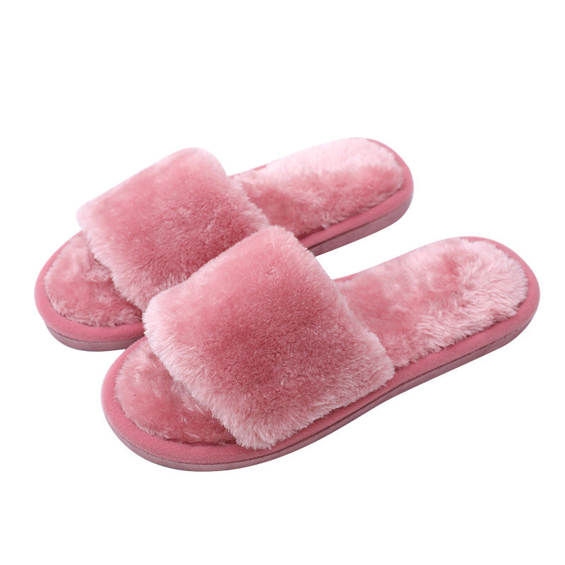 Open mouth hairy women's indoor wooden floor warm cotton slippers 050