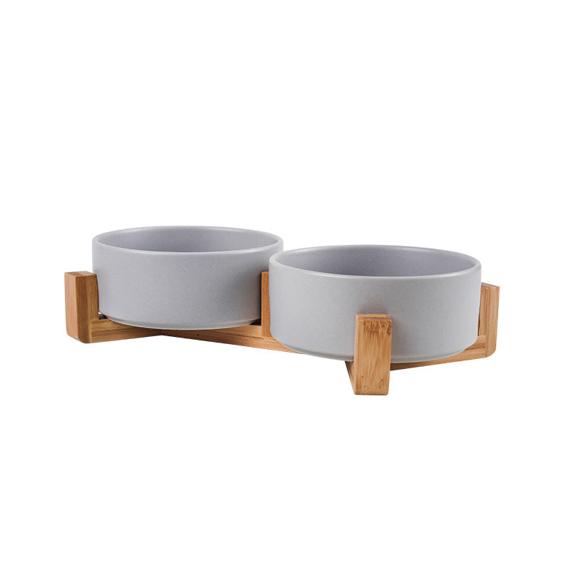 Cat bowl ceramic double bowl water bowl integrated wooden frame dog bowl dog basin 327