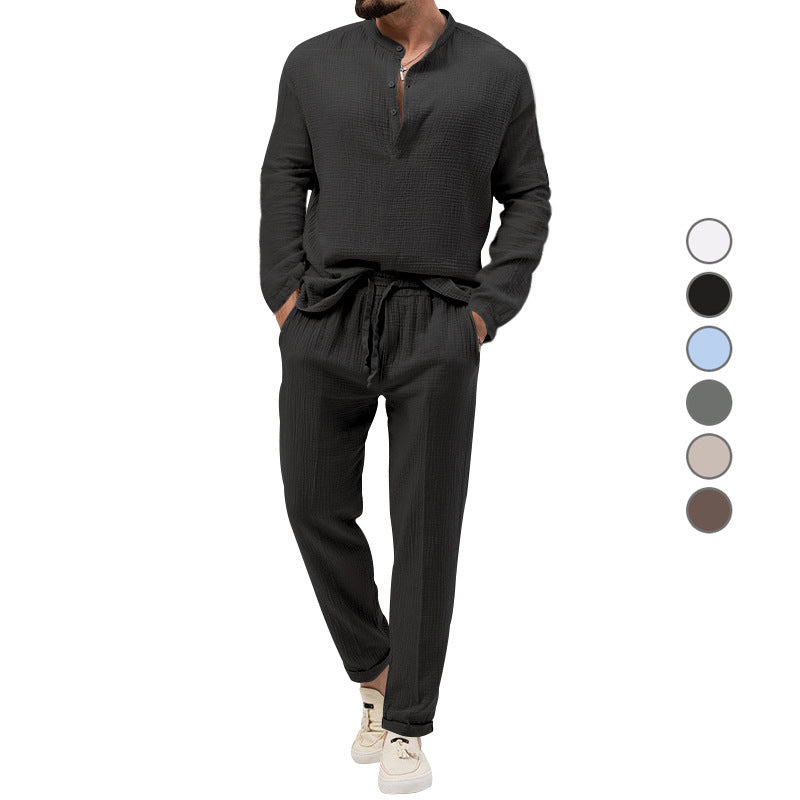 Men's solid color casual T-shirt long sleeved shirt long pants set 085