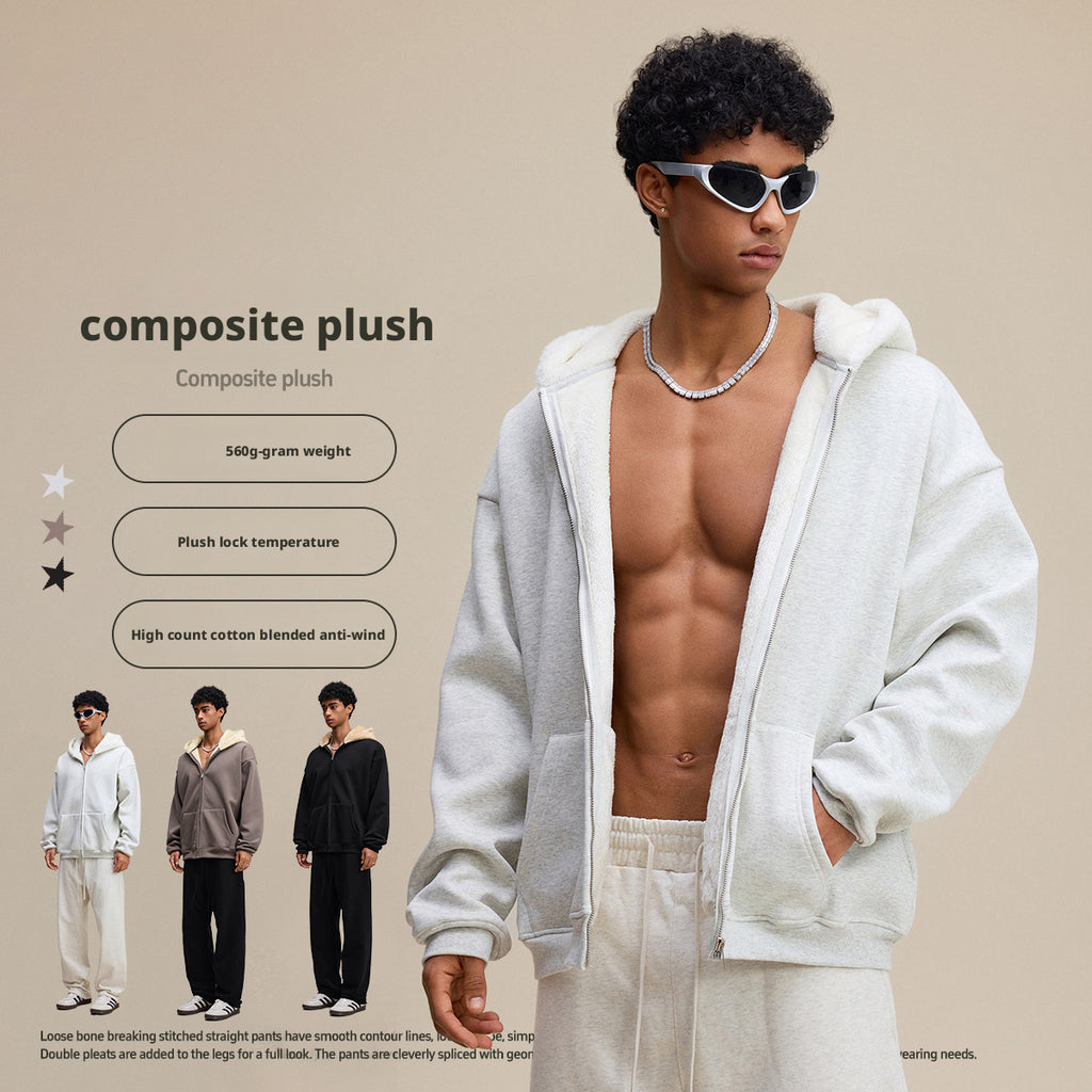 Autumn American trendy brand composite plush hooded cardigan sweatshirt loose zipper jacket for men w25555