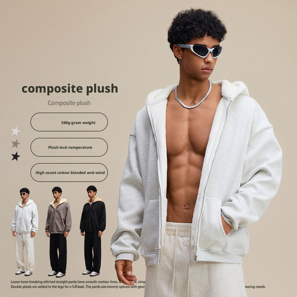 Autumn American trendy brand composite plush hooded cardigan sweatshirt loose zipper jacket for men w25555