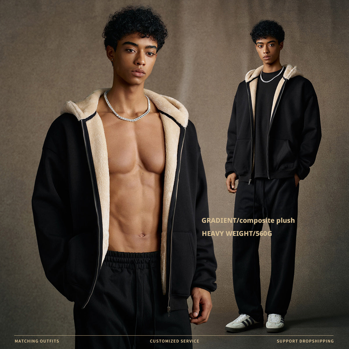 Autumn American trendy brand composite plush hooded cardigan sweatshirt loose zipper jacket for men w25555