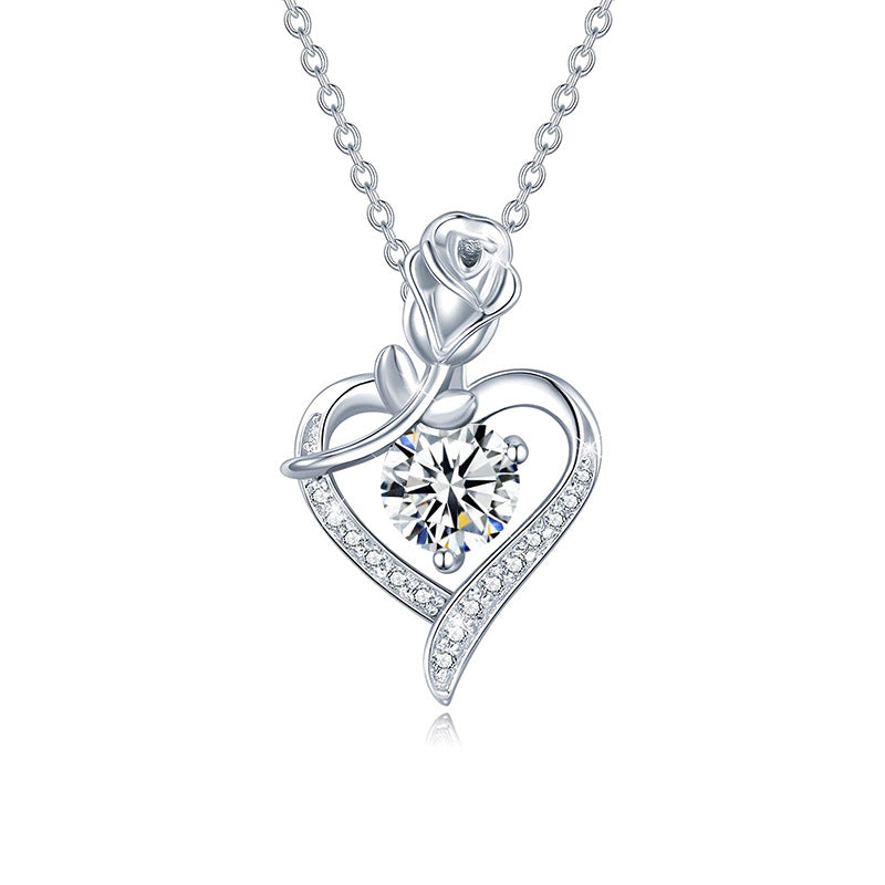 925 sterling silver heart-shaped rose pendant necklace, women's collarbone necklace, moissani diamond 270