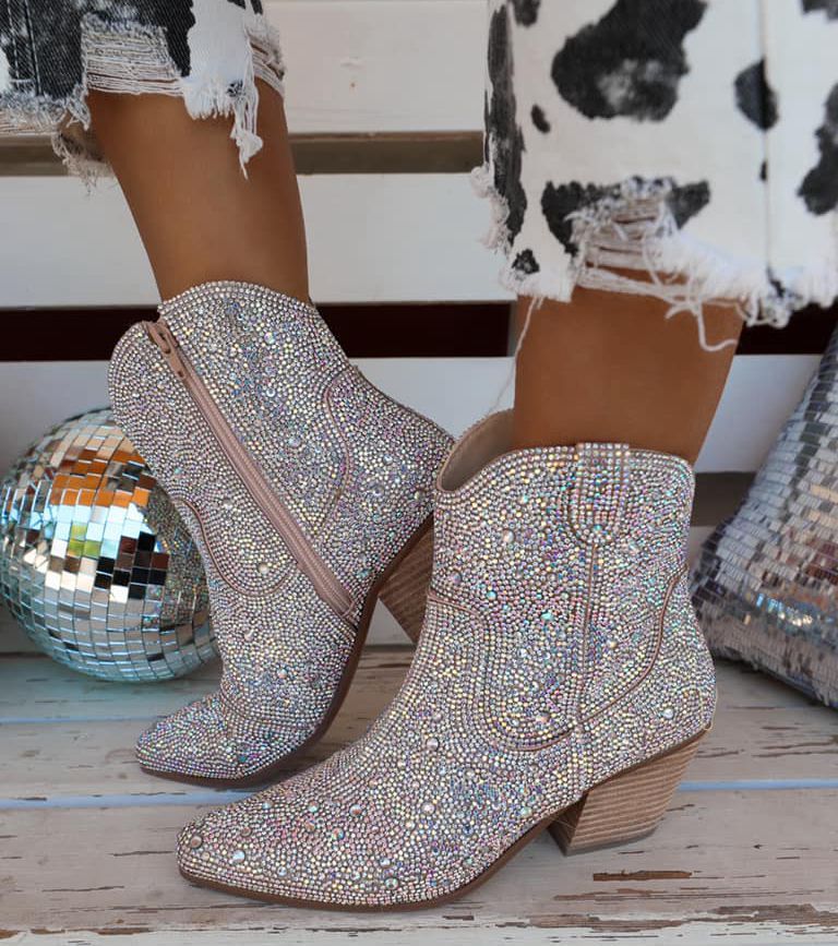 Pointed high heels, thick heels, sequins, hot stamping, fashionable short boots 103
