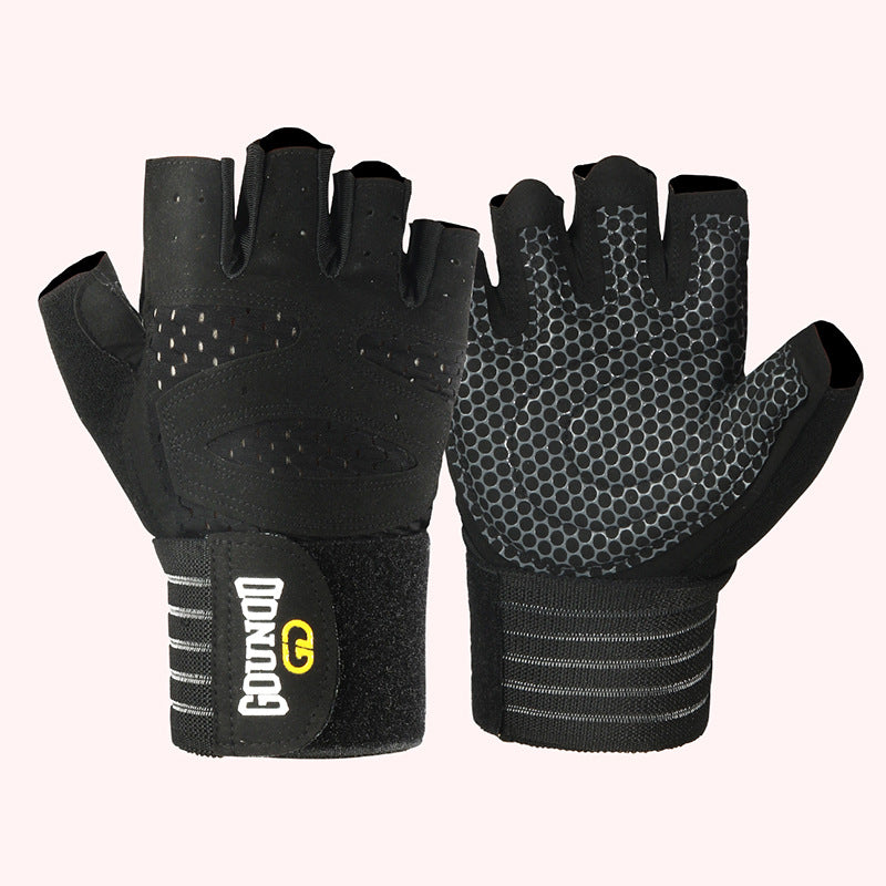 Fitness gloves with extended, breathable, and wear-resistant half finger grip 403