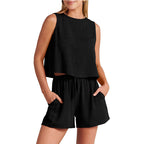 Two piece set of temperament sleeveless top shorts and pants 081