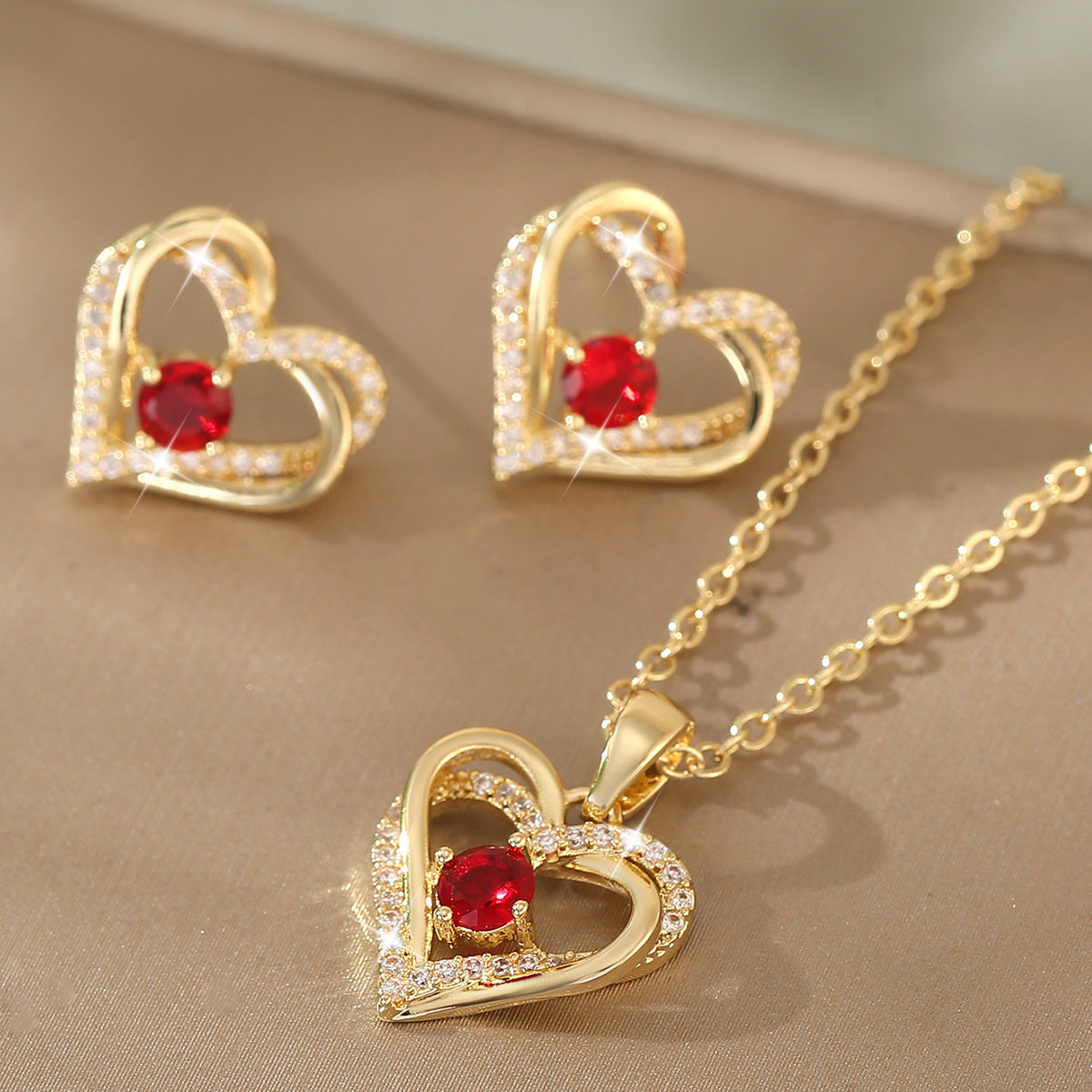 Copper inlaid zirconium heart-shaped earrings necklace women's pendant set 285
