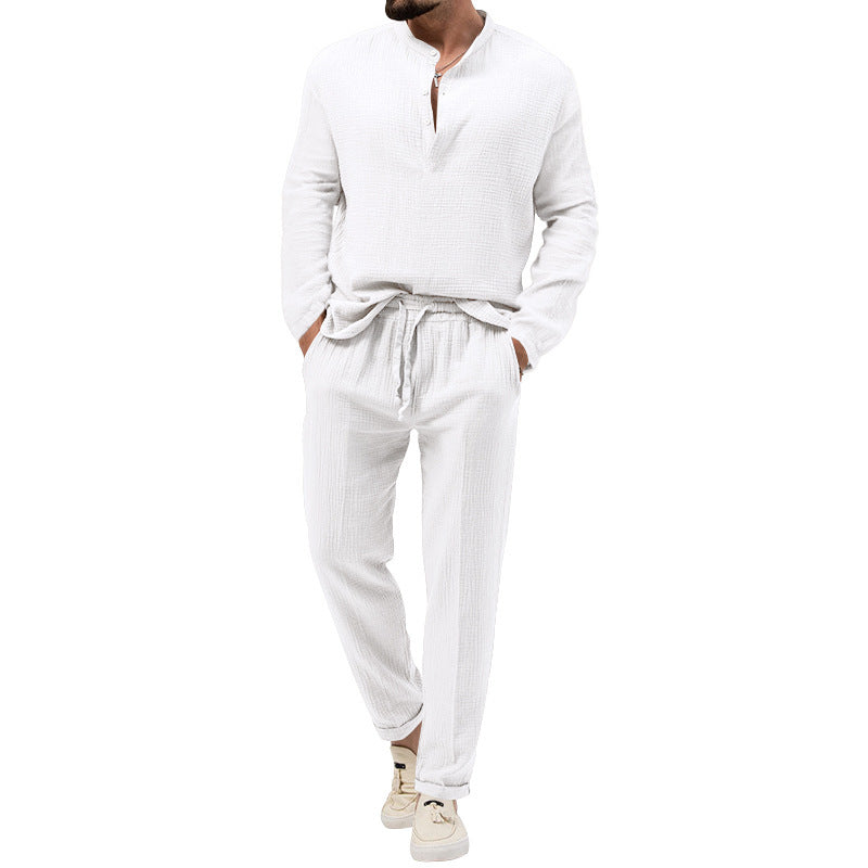 Men's solid color casual T-shirt long sleeved shirt long pants set 085