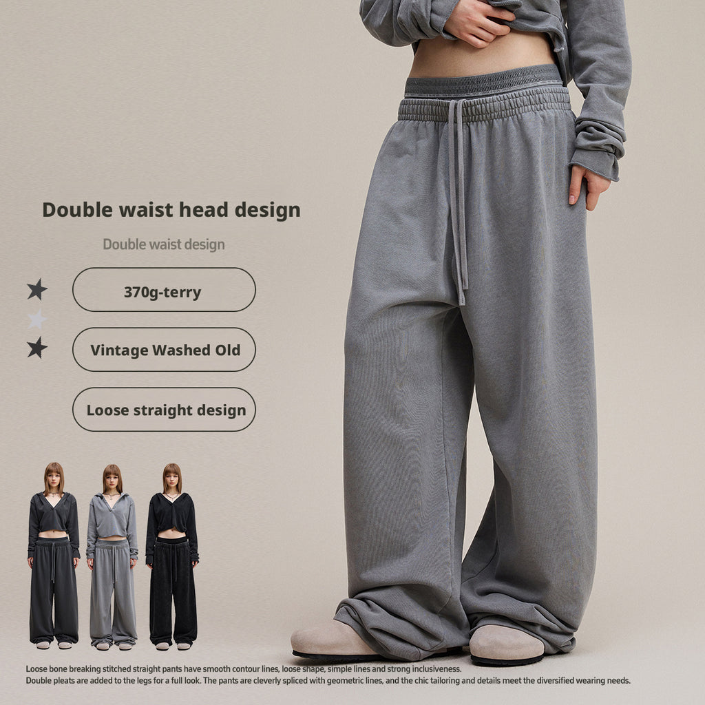 European and American trendy retro style distressed slimming double waistband casual straight leg trousers for women  N25551