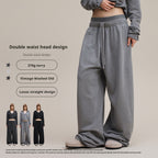 European and American trendy retro style distressed slimming double waistband casual straight leg trousers for women  N25551